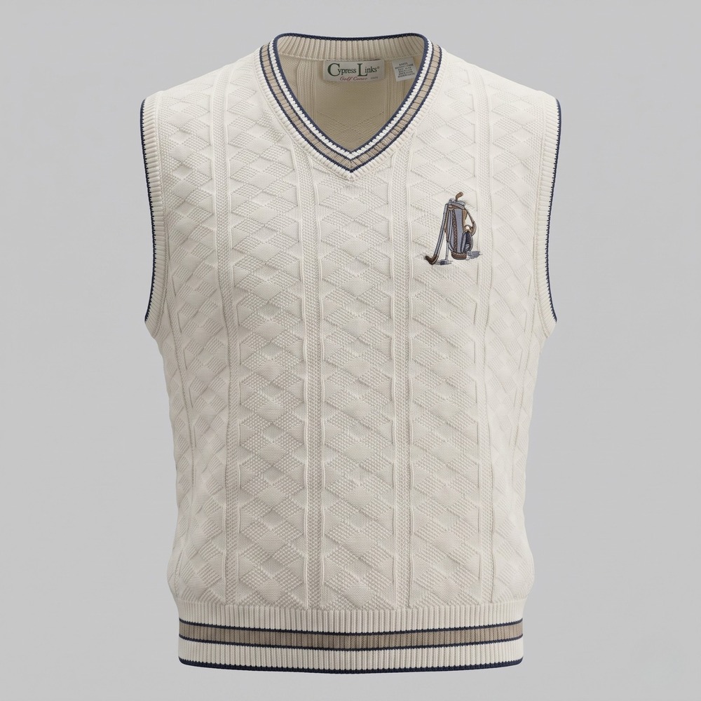 Cypress Links Mens XXL Cream Sweater Vest Golf Wear Embroidered Cable Knit